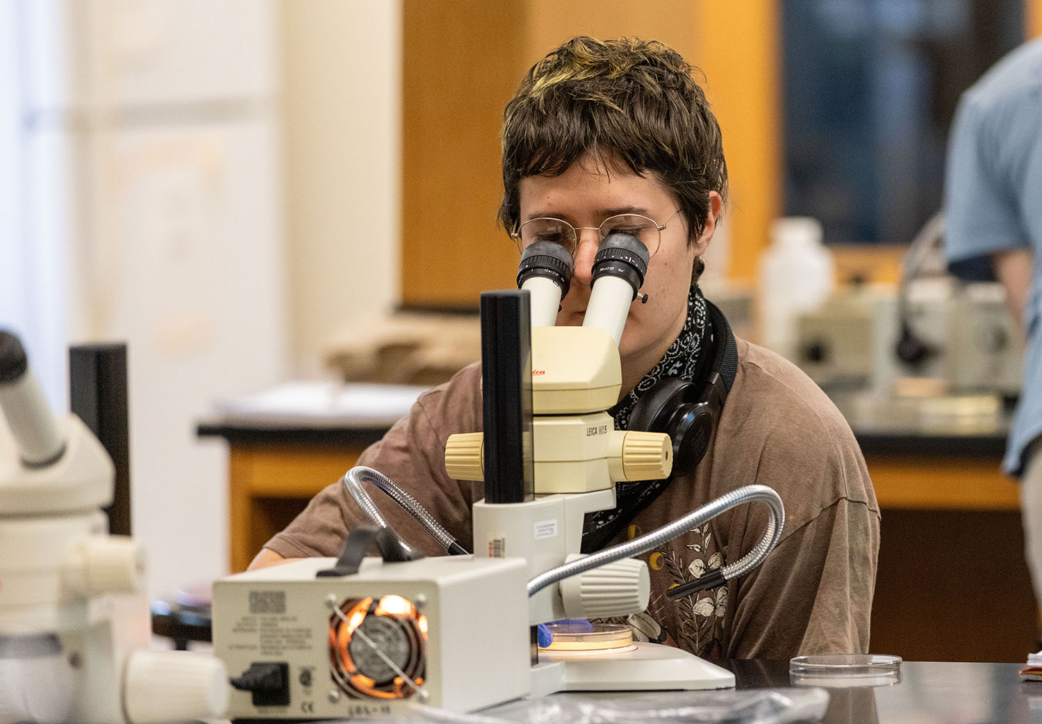 Student at microscope